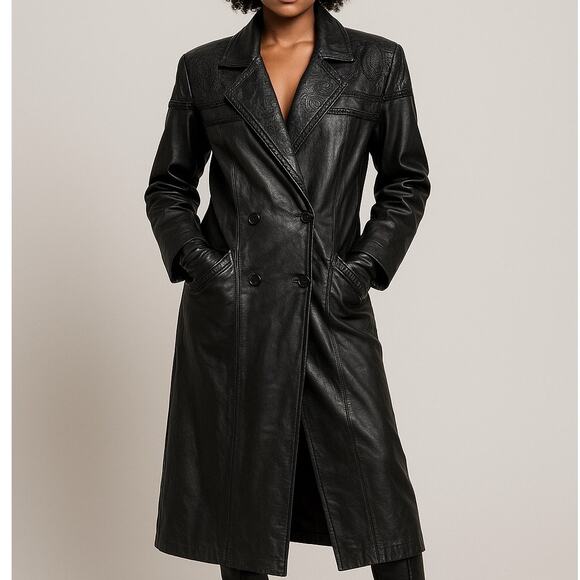 Vintage 80s/90s Wilsons Leather Maxi Trench Coat Embossed Paisley Braid Trim - Picture 1 of 17